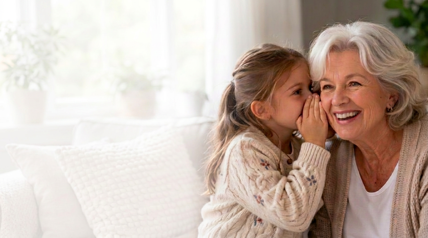A grandmother and granddaughter sharing a whispered secret